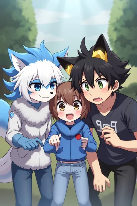 Has three people two boys and one girl. First boy have white hair ear fur and tail white mix blue line have blue eyes, second boy have black hair and golden snake eyes have fangs lastly girl have brown hair and green eyes 