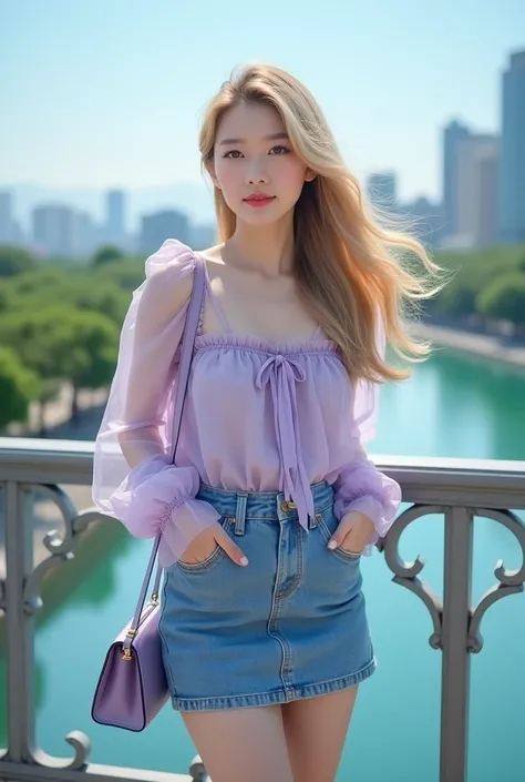 Beautiful woman with Korean face, long blonde hair blown in the wind, with a Korean style lilac tulle blouse with little ribbon and jeans skirt, carrying matching small slingbags, on top of a bridge with a view of the blue river and the city. Photographed ...