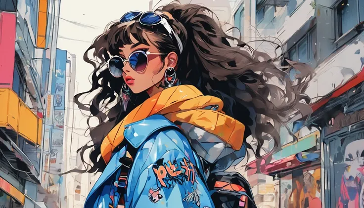  a rebellious hiphop woman in colorful shoes ,  her dark hair is styled in a punk rock style ,  long hair　 compliment her brown eyes and light brown skin . image,  probably vivid paintings ,  accurately captures her bold and unique style . Every Little Det...