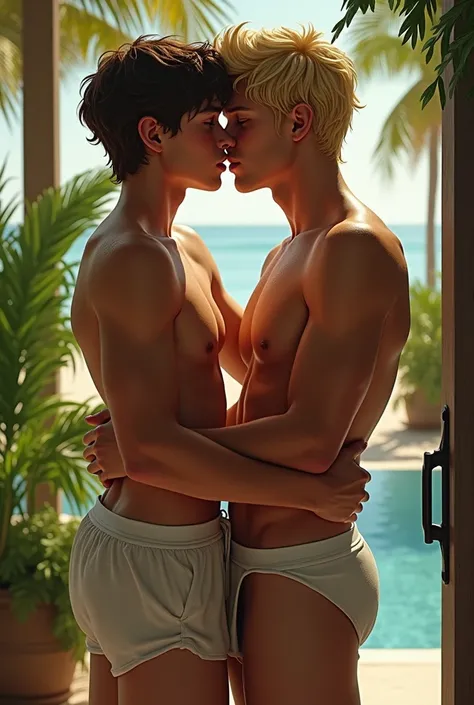 realistic,Man young boy ,  brown hair , gray eyes, freckles, naked, hug,kiss, another young man wet white t-shirt without underwear,in this, Bedroom porch , resort, coconut trees, sex, gay, nakeds, kissing, hard dick,,blondie