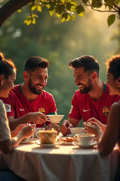 Messi feeds Ronalo with his hands and Georgina and his wife Messi drink tea with Baash