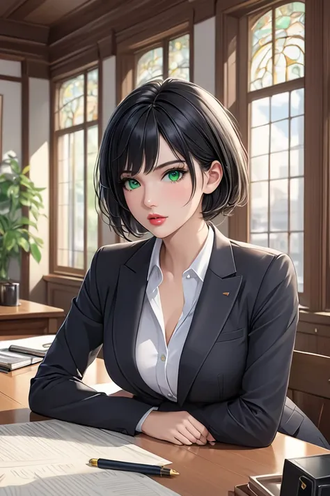  (masterpiece,  best quality, 8k,  high definition ), whole body,  1 girl ,  short black hair, Mid-chest,  Beautiful Green Eyes ,  cute lips , Beautiful face,  office clothes,  natural light,  detailed background,  Detailed Illustration Art , 