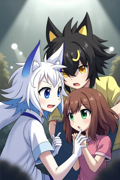 Has three people two boys and one girl. First boy have white hair ear fur and tail white mix blue line have blue eyes, second boy have black hair and golden snake eyes have fangs lastly girl have brown hair and green eyes 