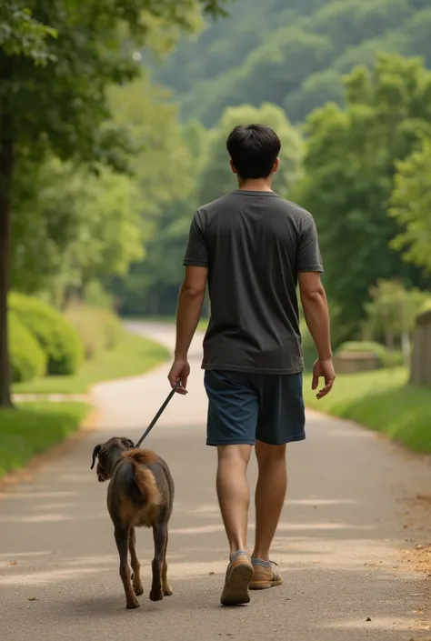 Back view of a young man walking his dog。