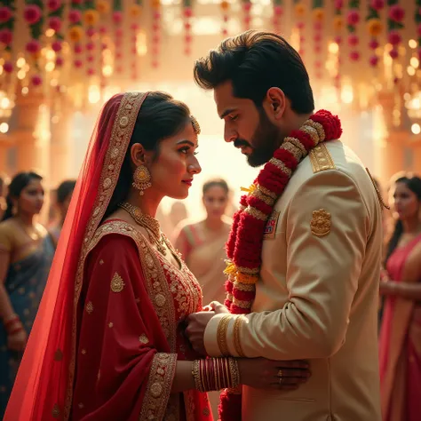 design a cinematic bollywood movie poster features a A dramatic wedding scene portraying a heart-wrenching love triangle where emotions and sacrifice take center stage. in the fore ground Bhumi, A beautiful young bride in an elegant red and gold lehenga, h...