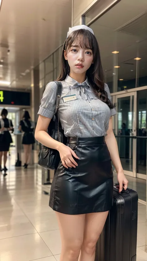 A beautiful, 24-year-old Japanese woman with perfect anatomy, healthy thighs, beautiful legs, beautiful skin, random hair color and style, large breasts, (wearing a flight attendant uniform with a mini-skirt:1.3), (she is standing:1.2), full body shot, pum...