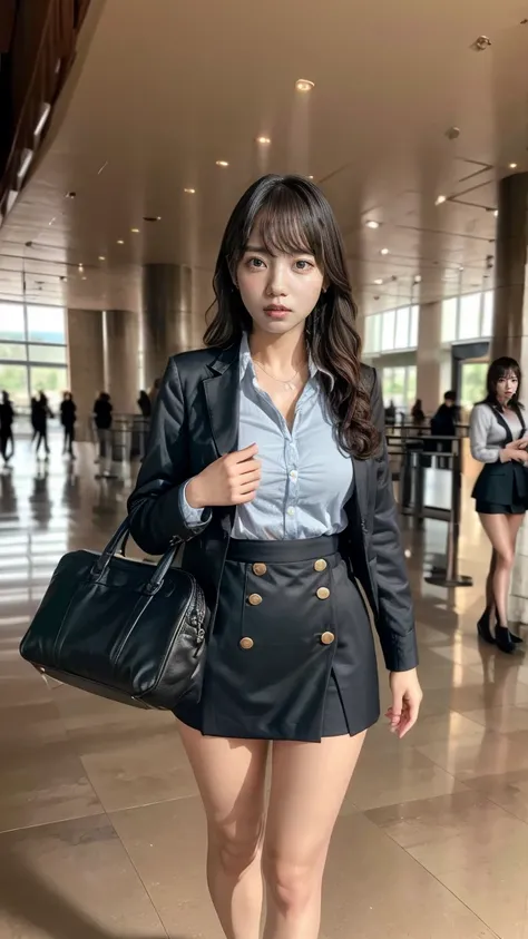 A beautiful, 24-year-old Japanese woman with perfect anatomy, healthy thighs, beautiful legs, beautiful skin, random hair color and style, large breasts, (wearing a flight attendant uniform with a mini-skirt:1.3), (she is standing:1.2), full body shot, pum...