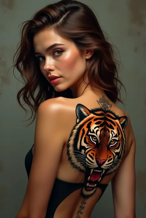 Brunette woman with tiger tattoo on her back