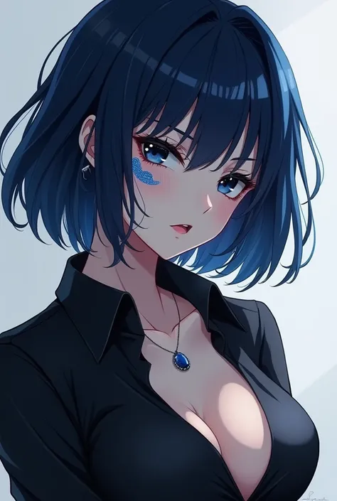 Create an image with anime art style . 

 girl with dark blue hair A little black highlight with a moon blue netra make up with a firm face the eyes are somewhat narrow and short hair her shirt is black is exposed but her breasts are thick. 