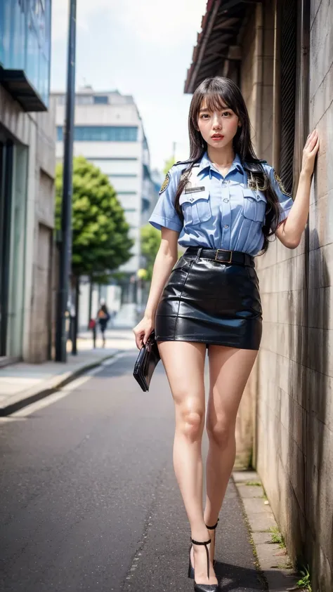 beautiful Japanese woman, 22 years old, perfect anatomy, healthy thighs, beautiful legs, beautiful skin, random hair color, random hairstyle, large breasts, female police officer, (Japanese police uniform:1.3), (miniskirt:1.3), (she is standing:1.2), full ...