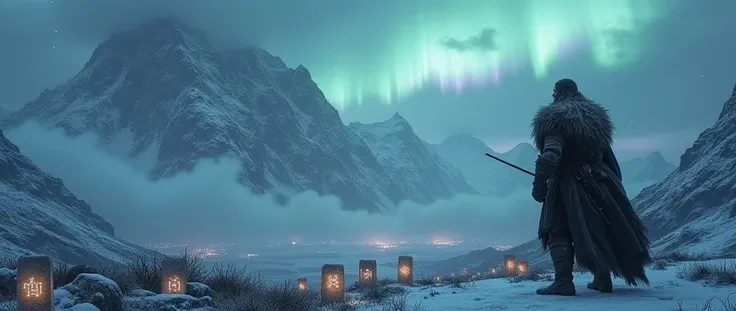 nordic mythology, (epic scene with a mystical atmosphere), towering snowy mountains, dark stormy clouds, glowing runestones scattered on the ground, faint northern lights in the sky, a single godlike figure standing on the right side, wearing rugged fur an...