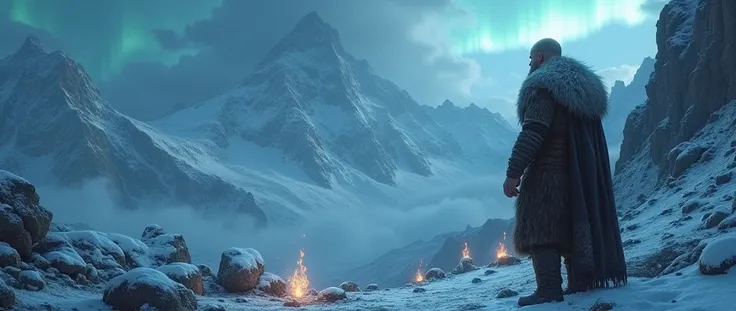 nordic mythology, (epic scene with a mystical atmosphere), towering snowy mountains, dark stormy clouds, glowing runestones scattered on the ground, faint northern lights in the sky, a single godlike figure standing on the right side, wearing rugged fur an...