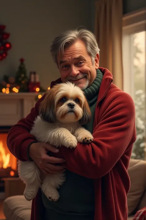 An adult man hugging Shih Chu in a warm house with a Christmas atmosphere