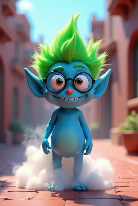 ((picture taken from the front))
The style is 3D animation with a vibrant color palette, in 3 D animation image of a cute and nerdy, with big round glasses and spiky bright green hair, blue body, looks like a genie in the Alladin animation, legs like smoke