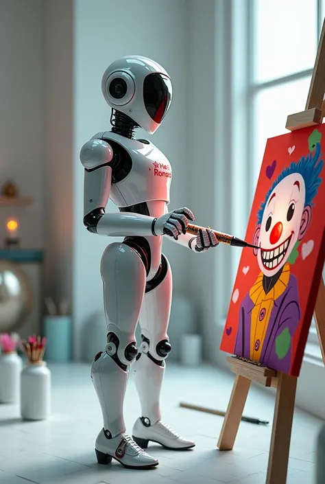 An Imagenious painting of a sleek, futuristic hellish robot crafted from a glossy white industrial material. The robot stands at an easel, its multi-jointed arm holding a glowing, futuristic painting tool. The painting on the easel explodes with whimsical,...