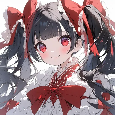  1 girl, cute、 pretty girl、 twin tails、Yurufua 、 smiles,  red eyes, ribbon, red lolita、