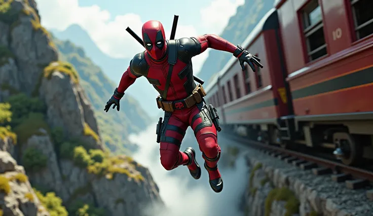 (photorealism:1.2), dead pool jump from train 