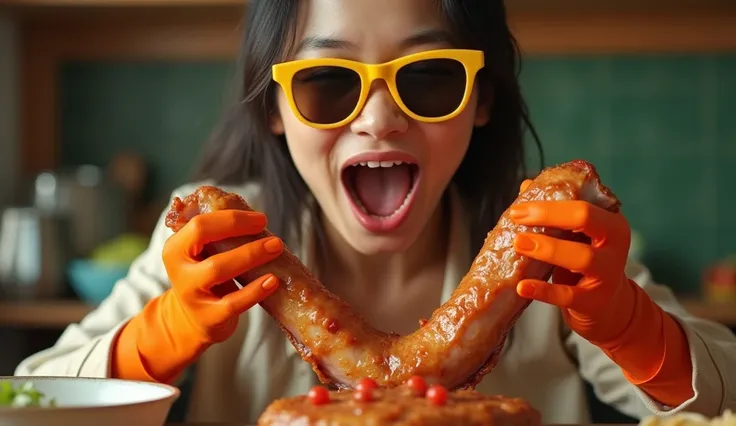 An image of an open mouth, portraying a Vietnamese person, wearing yellow sunglasses, preparing to eat a giant duck neck. Small orange hands holding the large piece of duck neck, in a realistic kitchen or dining table setting. Vivid, detailed, realistic im...