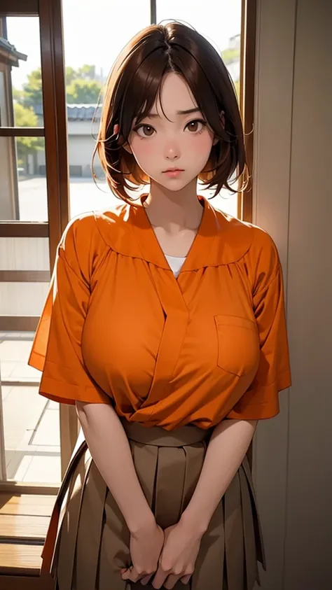 Japanese girl. (Huge Tits) school uniform .  short orange-brown hair. Expression of irritation .

