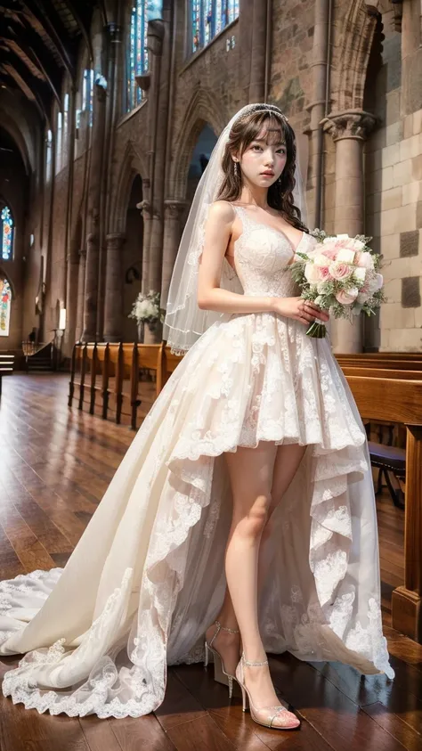 A beautiful young Japanese woman, 26 years old, with healthy thighs, beautiful legs, flawless skin, random hair color and style, large breasts, wearing a (wedding dress:1.3), (she is standing:1.2), full body shot, high heels, holding a bouquet in her hands...