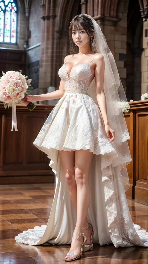 A beautiful young Japanese woman, 26 years old, with healthy thighs, beautiful legs, flawless skin, random hair color and style, large breasts, wearing a (wedding dress:1.3), (she is standing:1.2), full body shot, high heels, holding a bouquet in her hands...