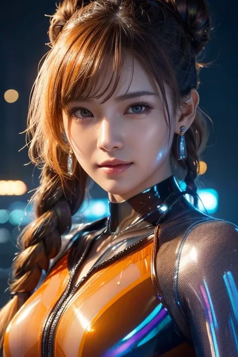 face-closeup  、  orange transparent cyberpunk suit   :1.3)、
Huge 、      Long brown hair、   shiny   ,    oily skin   、      glowing skin   、   white skin、Flying debris, Best Quality, Realistic,    very detailed, finely,  High image quality,   8K Dende Wallp...