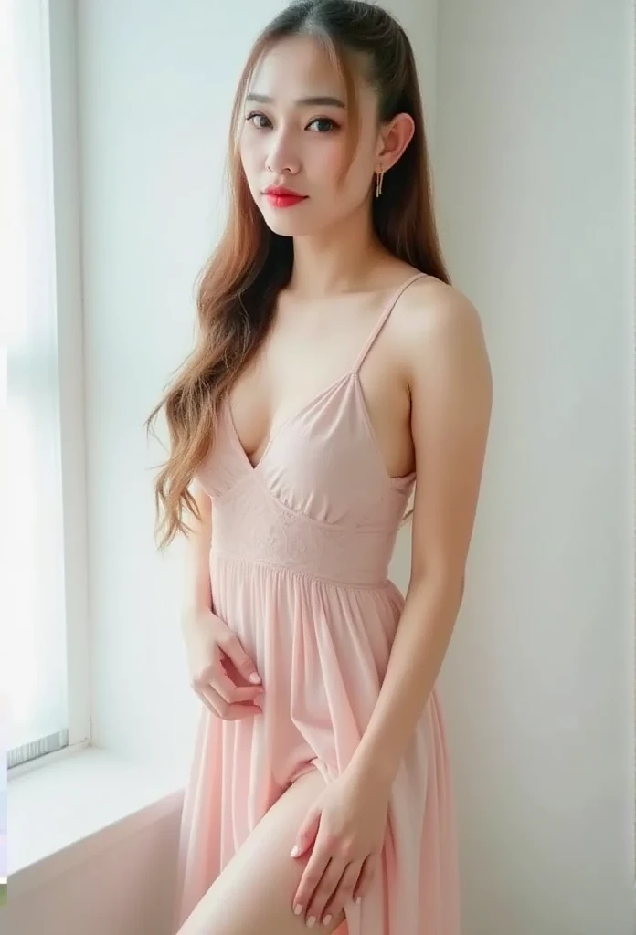 25-year-old woman, long hair, 4K masterpiece details, clear focus on the face, light hits the skin, makes the skin look charming (natural light, good light), natural breasts, wearing a thin light pink see-through dress, standing in a sexy position , full b...