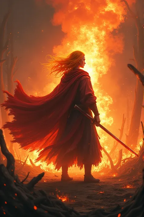 "A fierce swordsman with flaming red and yellow hair stands at the center of a burning forest, his katana ablaze with fiery energy. His cloak flutters dramatically as embers fill the air, and a determined, fiery gaze pierces through the chaos. The backgrou...