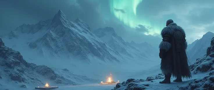 nordic mythology, (epic scene with a mystical atmosphere), towering snowy mountains, dark stormy clouds, glowing runestones scattered on the ground, faint northern lights in the sky, a single godlike figure standing on the right side, wearing rugged fur an...