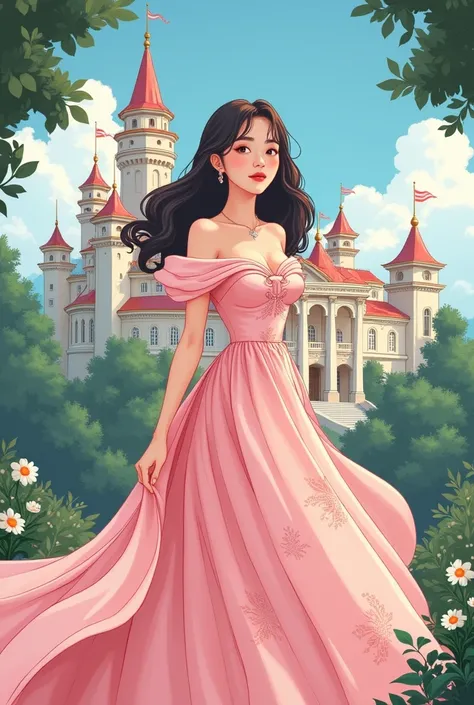 webtoon art of a 20 years old woman wearing pink offshoulder Korean satin dress in the castle