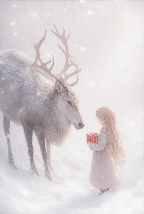 Very cute characters, snowy landscape with silver snowflakes and Swarovski particles, lens flare of sunlight, pale light pastel white all over, mystical snow world, dream story, soft focus, blur, masterpiece, blur, masterpiece, super dense, super detailed,...