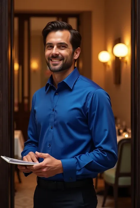 Restaurant host wearing blue lapis lazuli shirt with menu in hand 
