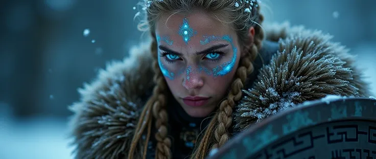 nordic mythology, (close-up of a fierce shieldmaiden), braided blonde hair with frost-tipped strands, glowing blue war paint on her face, icy breath in the cold air, detailed ancient nordic jewelry, faint northern lights reflecting in her piercing eyes, so...