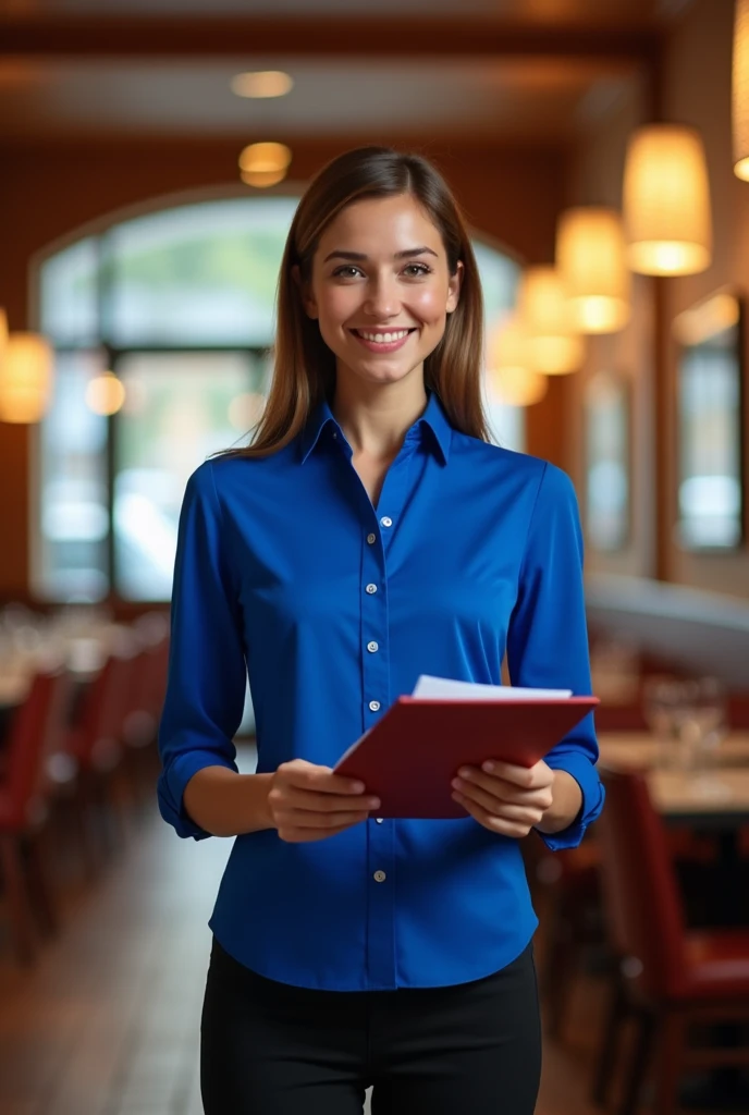 Restaurant hostess wearing lapis lazuli blue shirt with the menu in her hand 
