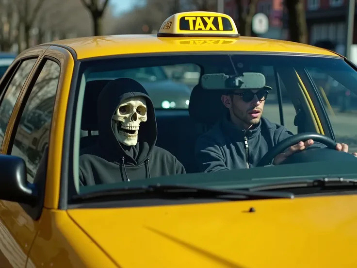 Photo. a photograph of a yellow taxi car, an image of a bony death in a spacious black hoodie, a taxi passenger in the back seat, death has all the attributes of death. The taxi driver is an ordinary person driving and is very surprised and scared, looking...