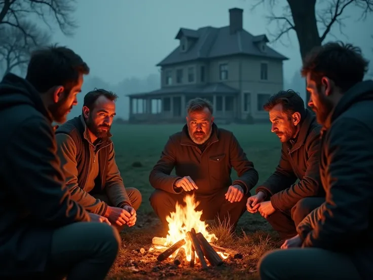 A hyper-realistic image of a group of villagers gathered around a campfire in the village, speaking in hushed tones about the mansion’s dark history. The villagers faces are weathered, and their eyes are filled with fear as they recall the story of the man...