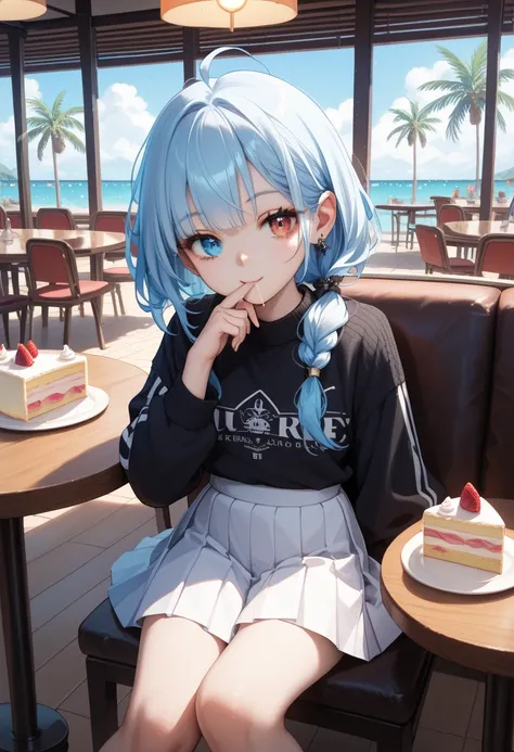 1girl,restaurant,sitting, black knit,face palm,white pleated skirt,cake on table,heterochromia, right eye blue, left eye gold,raise the corners of the mouth