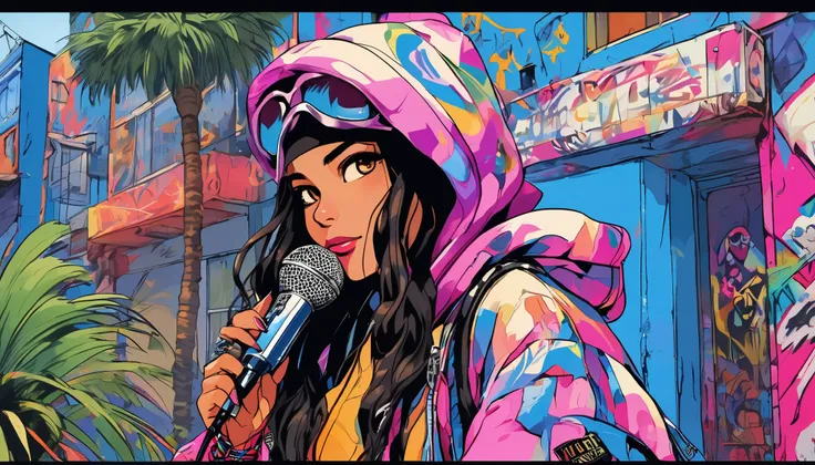  rebellious hiphop woman holding a microphone looking at me and smiling,  her dark hair is styled in a punk rock style ,  long hair　 compliment her brown eyes and light brown skin . image,  probably vivid paintings ,  accurately captures her bold and uniqu...