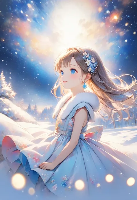 1 Girl、 blue eyes、 closed mouth、 earrings、 Looking Up at the Sky 、(snow:1.2) Floating Hair、 from the side、 Fur-Trimmed Dress、Fur collar、 fur trim 、 raise your hand、 jewelry、 long hair、 full body illustration、Night Sky、 sleeveless、smile、snow、snowの結晶の背景、 sta...