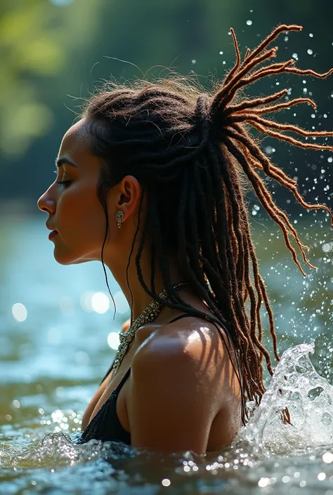 Side profile, dripping punk hair, hair in dynamic motion,hair-strands fly away vertically, hair flip, Woman Tossing Her Hair in a River, hair in angular motion, head/hair in full motion, string bikini, her hair strands spraying water), splashing water with...