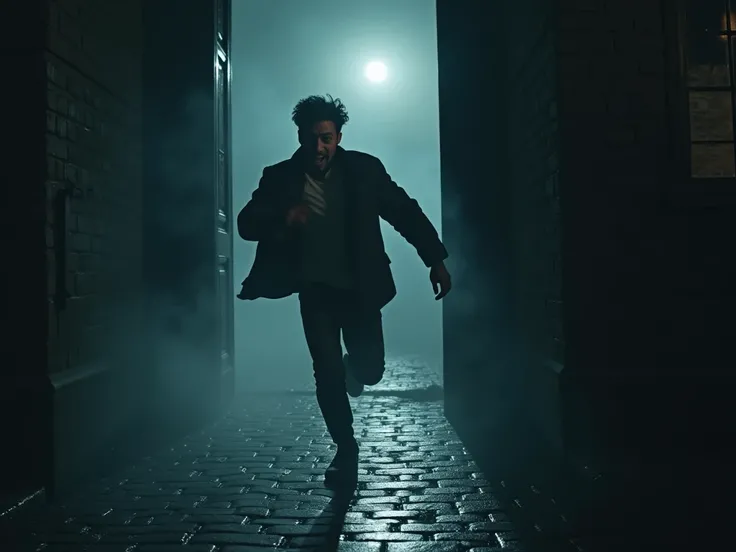 A hyper-realistic image of Aditya running in fear out of the mansions front door. His face shows panic as he turns his head to look behind him. The mansion looms in the background, dark and imposing, with the fog swirling around the entrance. The door slam...