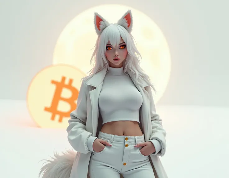 Best quality, 4K, masterpiece, art, beautiful woman, correct anatomy, correct fingers, white wool, white clothes, jeans (white), jacket (white), fursona art, incredibly huge breasts, simple white background, white white, orange pupils, sly look, in the bac...