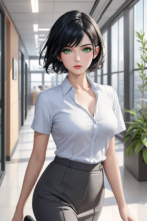  (masterpiece,  best quality, 8k,  high definition ), whole body,  1 girl ,  short black hair, Mid-chest,  soft Green Eyes ,  soft lips , Beautiful face,  office clothes,  natural light,  detailed background,  Detailed Illustration Art , walking through an...