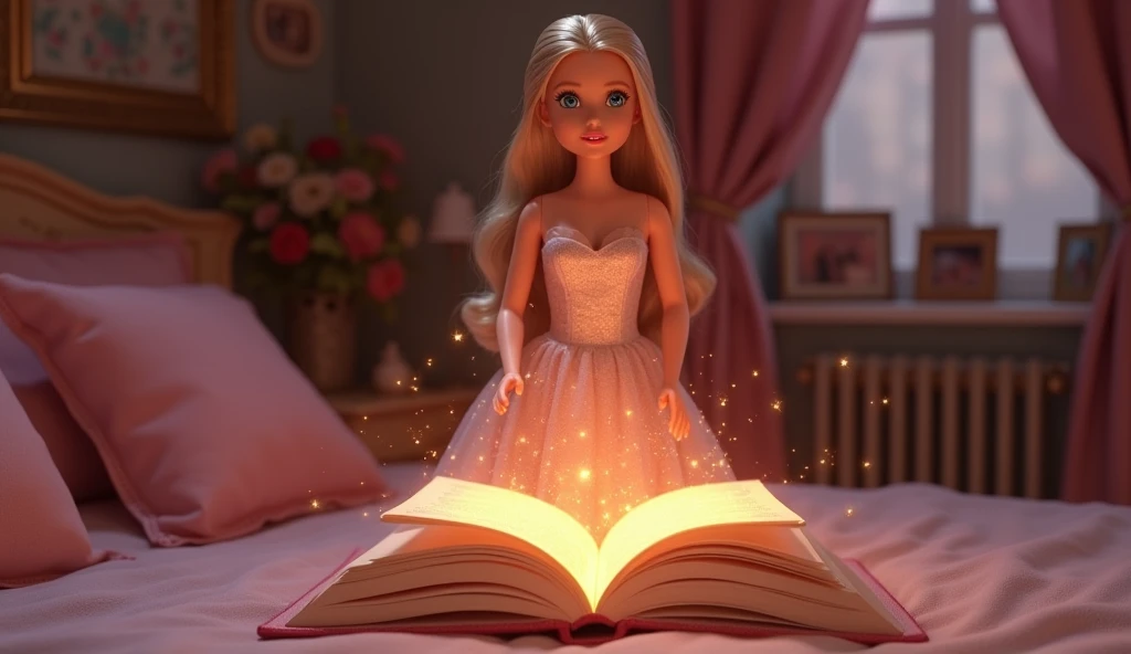 A glowing magical book falling from the air into a cozy bedroom, with sparkles and a mystical aura around it, as Barbie looks surprised."