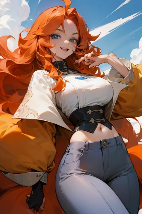 Mereoleona orange hair、grin,bangs,long hair,  Cowlick at the whorl,Big Breasts,blue eyes, Thighs、look at me,Anatomically Correct ,she haves fang,Line of sight, double breasted,pants