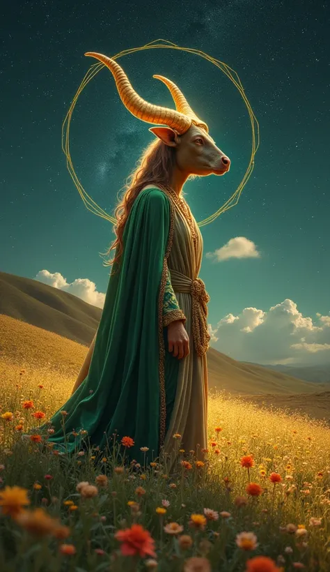 art photo, the embodiment of Taurus showcasing unwavering stability and strength, a celestial figure standing firmly in a serene cosmic meadow illuminated by a golden glow. The Taurus constellation is vividly etched in the night sky, its stars forming the ...