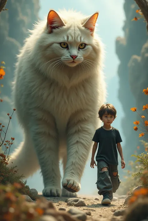 A  boy dressed in a black shirt and wearing ripped long genie pants walks with a giant angora cat together