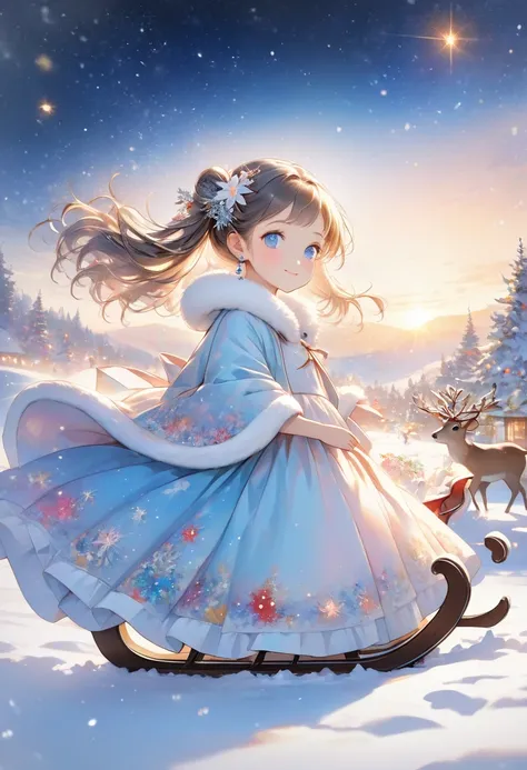 1 Girl、 blue eyes、 closed mouth、 earrings、 Looking Up at the Sky 、(snow:1.2) Floating Hair、 from the side、Fur dress、Fur collar、 fur trim 、 jewelry、 long hair、 full body illustration、Night Sky、smile、snow、snowの結晶の背景、 starry sky 、 starry sky のプリント、 twin tails...