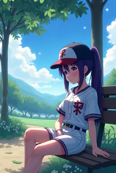 Japanese animation style、High school girl、Baseball uniform 、 Baseball Cap 、Rest area、Dark Purple Long Hair、single ponytail、 purple pupils