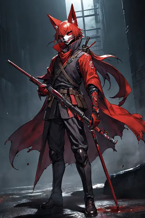 Mercenary man 、 fox mask、 bloody clothes and pants 、Night Battlefield、 sword with blood dripping in his right hand 、On his left hand he wears a special ( non-existent )rifle、背中に対物rifleを背負う、 high definition ,  top quality,  Ultra High Definition, 